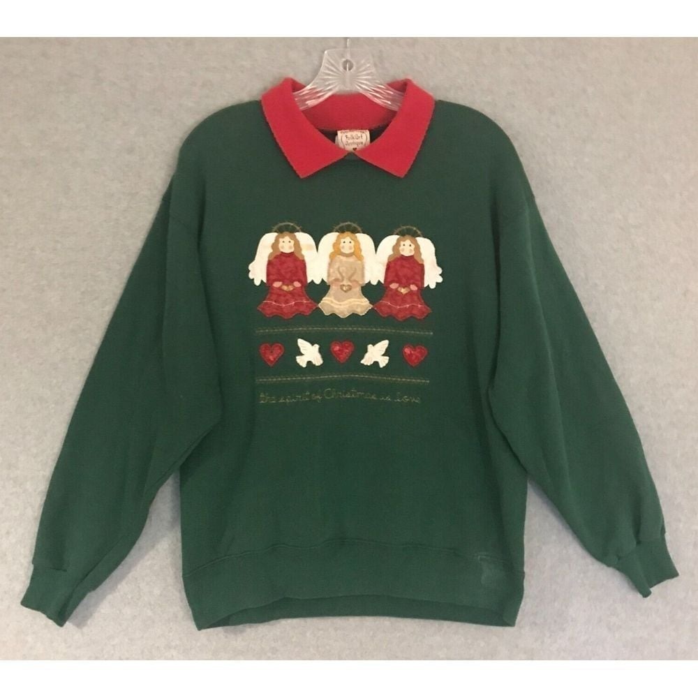 Valorie's Folk Art Applique Angels Christmas Sweater Womens Large Needlework